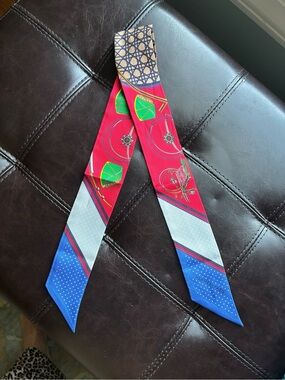 Hermes Navy, Yellow, Coral & Aqua Twilly Scarf and Twilly Box